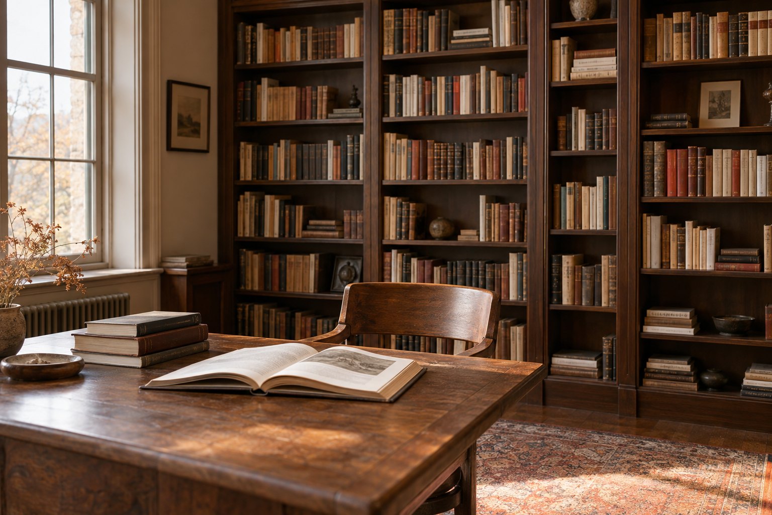 Een gevulde boekenkast met een uitnodigende houten leestafel