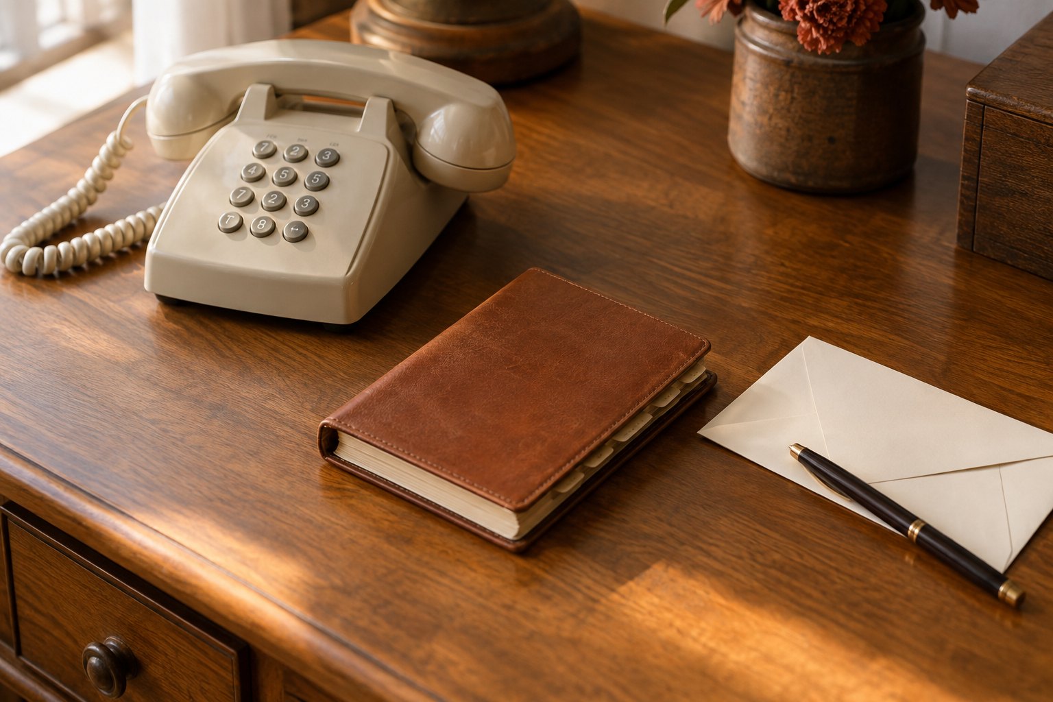 Een telefoon, adresboek en envelop op een houten bureau